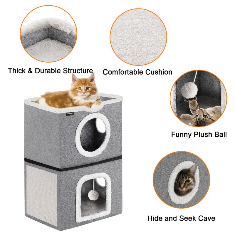 URPOWER 2 Story Cat Bed, Large Cat House for Indoor Cats Covered Cat Cave with Hideaway, Scratch Pad and Fluffy Ball, Foldable Cat Cube Condos Kitten Beds & Furniture for Multiple Small Pets - Image 4