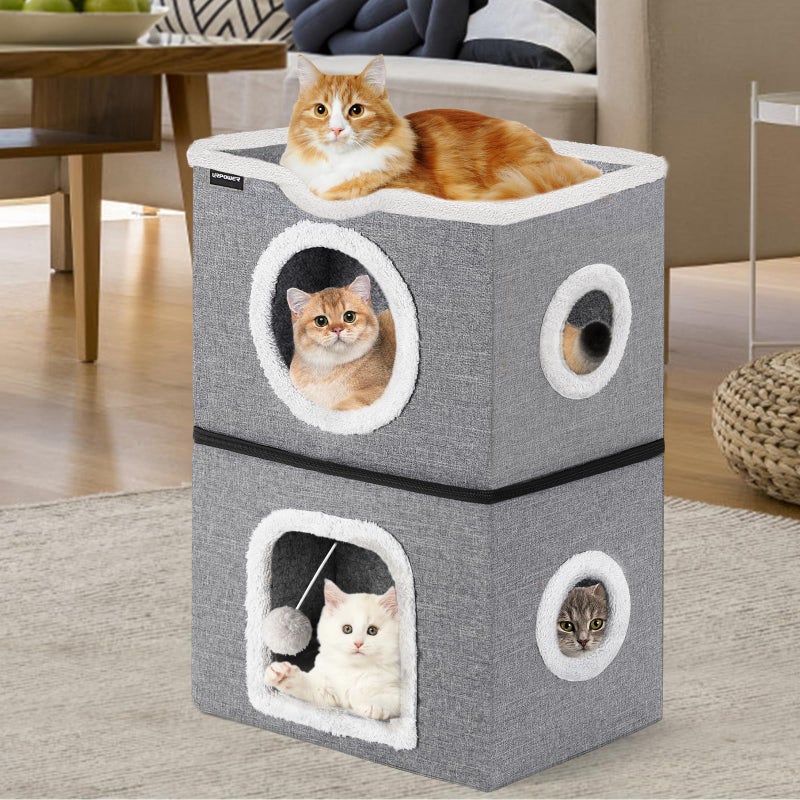 URPOWER 2 Story Cat Bed, Large Cat House for Indoor Cats Covered Cat Cave with Hideaway, Scratch Pad and Fluffy Ball, Foldable Cat Cube Condos Kitten Beds & Furniture for Multiple Small Pets - Image 5