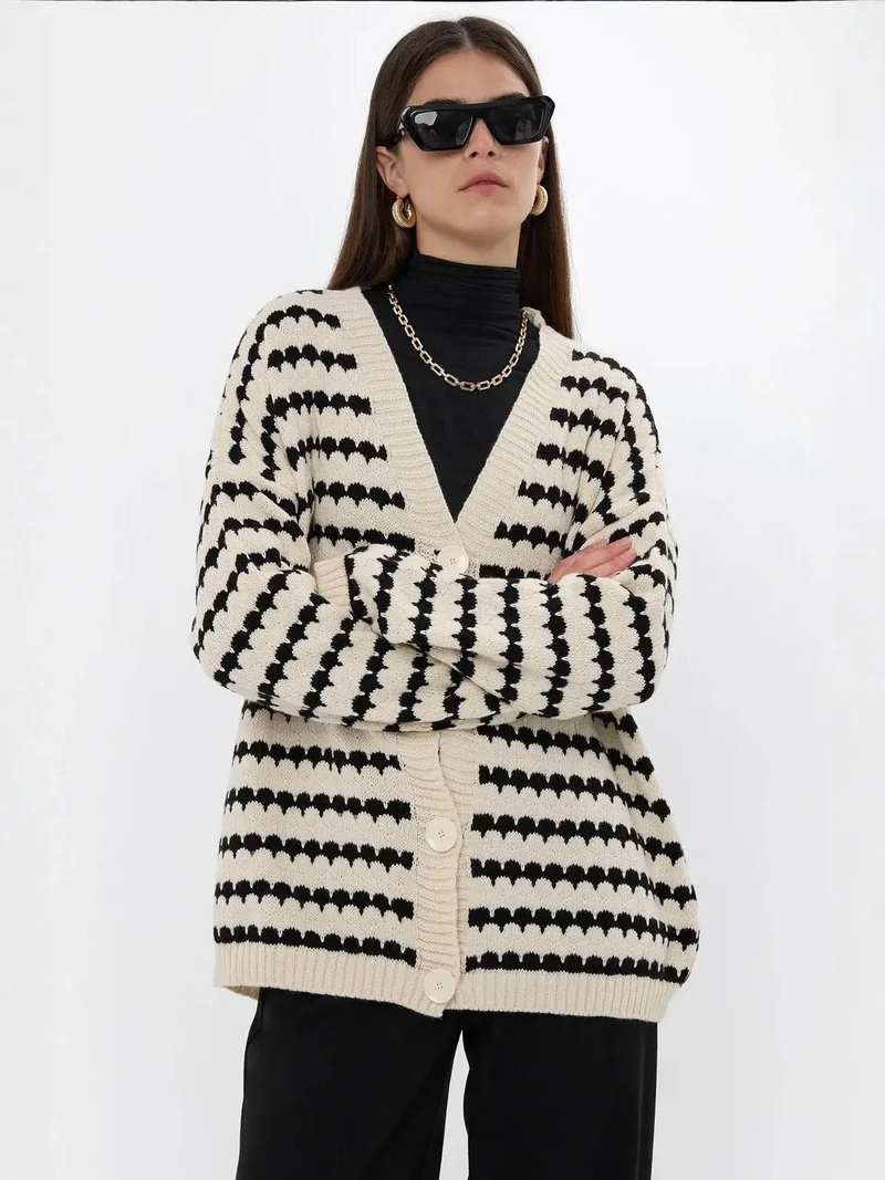 HICCUP Striped Oversized Buttoned Cardigan