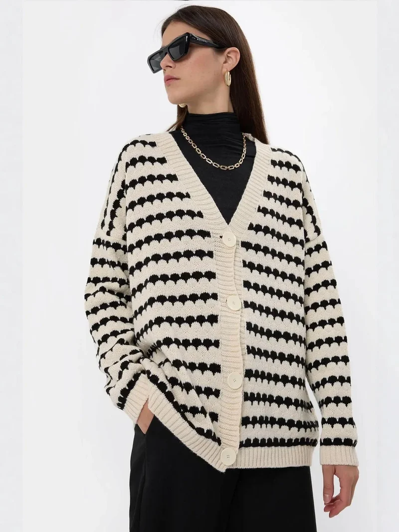 HICCUP Striped Oversized Buttoned Cardigan