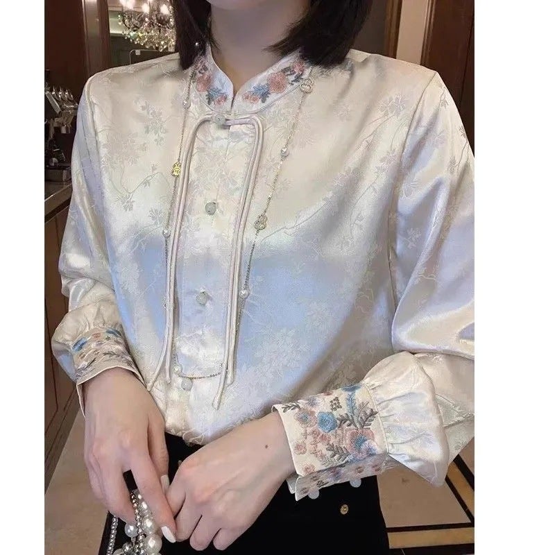 Womens Clothing Chinese-style Trendy Jacquard Top 2024 Spring and Autumn New Niche Elegant High-grade Shirt with Vertical Collar J#C25 apricot