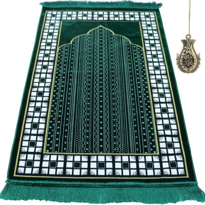 TURKISH ISLAMIC PRAYER RUG THIN LIGHTWEIGHT VELVET PRAYING CARPET SOFT MUSLIM PRAYING MAT JANAMAZ RAMADAN OR EID GIFT FOR MEN WOMEN WITH CAR HANGER VINED ARCH GREEN