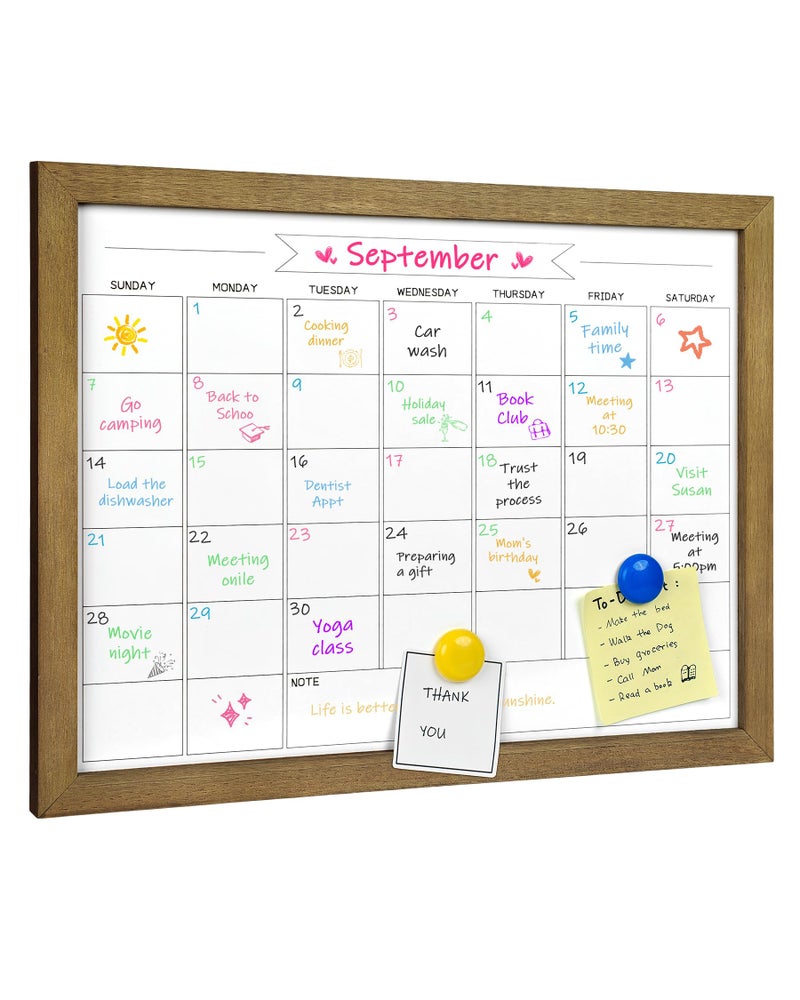 TORASO Dry Erase Monthly Calendar Whiteboard, Magnetic Surface White Board for Wall, Office/School/Home, Solid Pine Wood Rustic Brwon Frame Hanging Board & Planning Board, 13"x 17" (YL-RB-3343-B) - Image 1