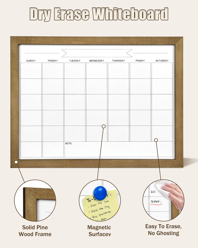 TORASO Dry Erase Monthly Calendar Whiteboard, Magnetic Surface White Board for Wall, Office/School/Home, Solid Pine Wood Rustic Brwon Frame Hanging Board & Planning Board, 13"x 17" (YL-RB-3343-B) - Image 3