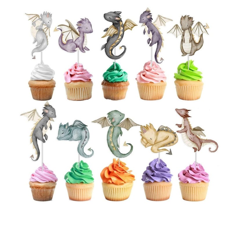 PC 10 pcs Dragon Cupcake Toppers - Magical Dragon Cake Decorations for Fantasy Parties - Image 3