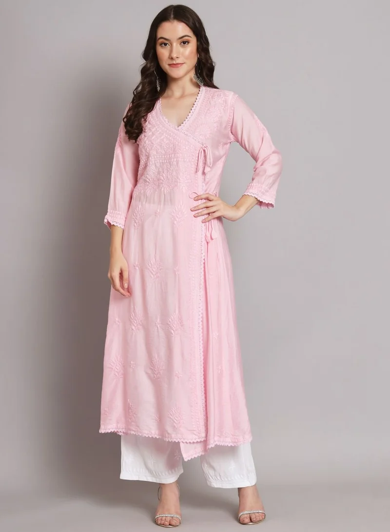 Alaya Hand Embroidered Chikankari A-Line Chanderi Cotton Angarkha Kurta-AL3667