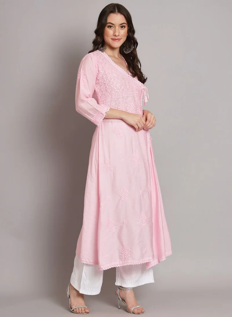 Alaya Hand Embroidered Chikankari A-Line Chanderi Cotton Angarkha Kurta-AL3667