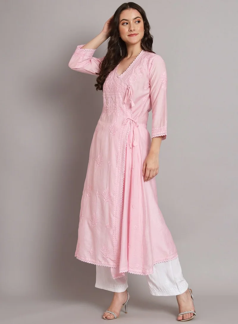Alaya Hand Embroidered Chikankari A-Line Chanderi Cotton Angarkha Kurta-AL3667