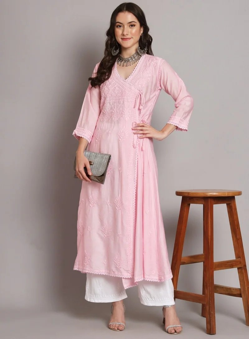 Alaya Hand Embroidered Chikankari A-Line Chanderi Cotton Angarkha Kurta-AL3667