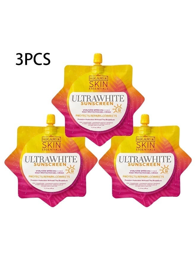Hikari 3 Packs Hikari Skin Essentials Ultra White Sunscreen 50ml – SPF50 PA++++, Ultra-Lightweight Airy-Fit, Whitening & Moisturizing, Water-Resistant, Fast-Absorbing Gel - Image 1