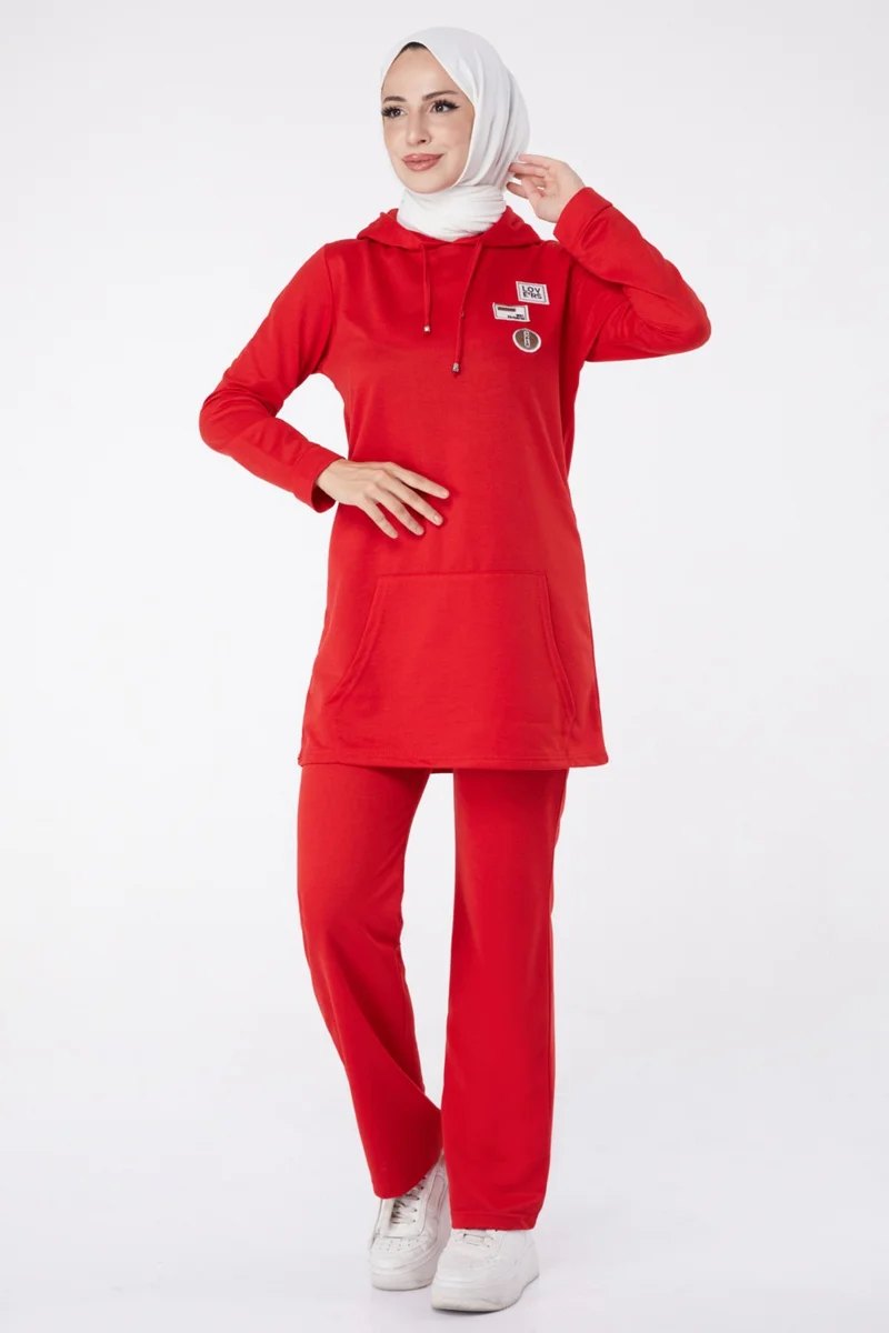 Tofisa Plain Hooded Collar Women's Red Emblem Two Piece Suit - 13276