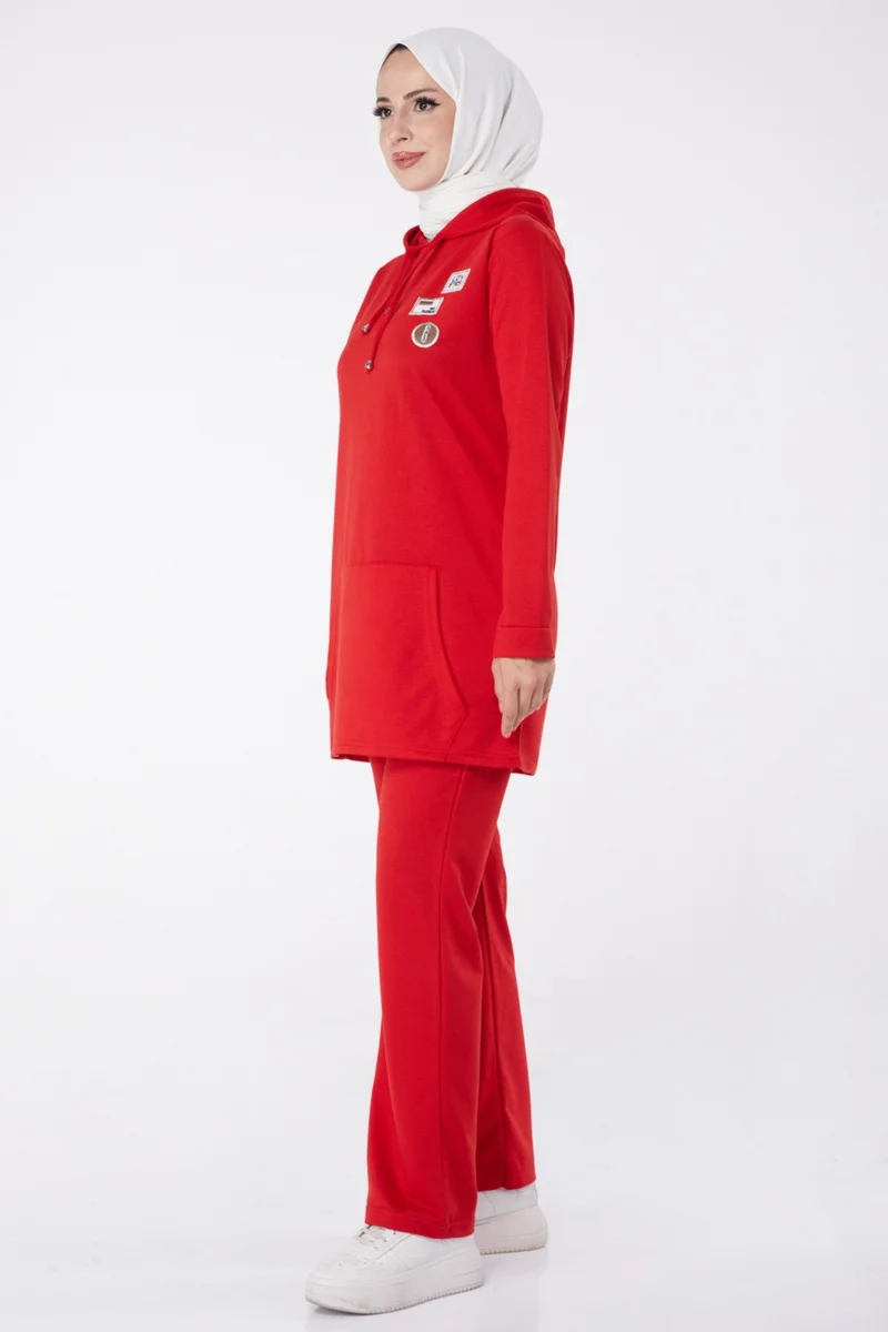 Tofisa Plain Hooded Collar Women's Red Emblem Two Piece Suit - 13276