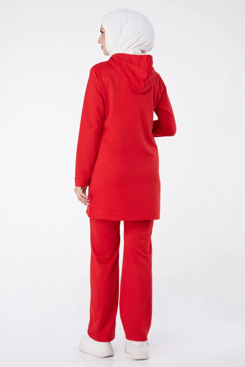 Tofisa Plain Hooded Collar Women's Red Emblem Two Piece Suit - 13276