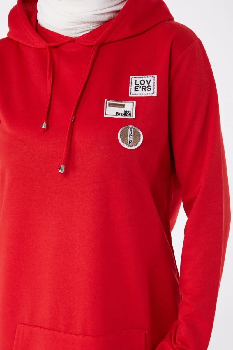 Tofisa Plain Hooded Collar Women's Red Emblem Two Piece Suit - 13276