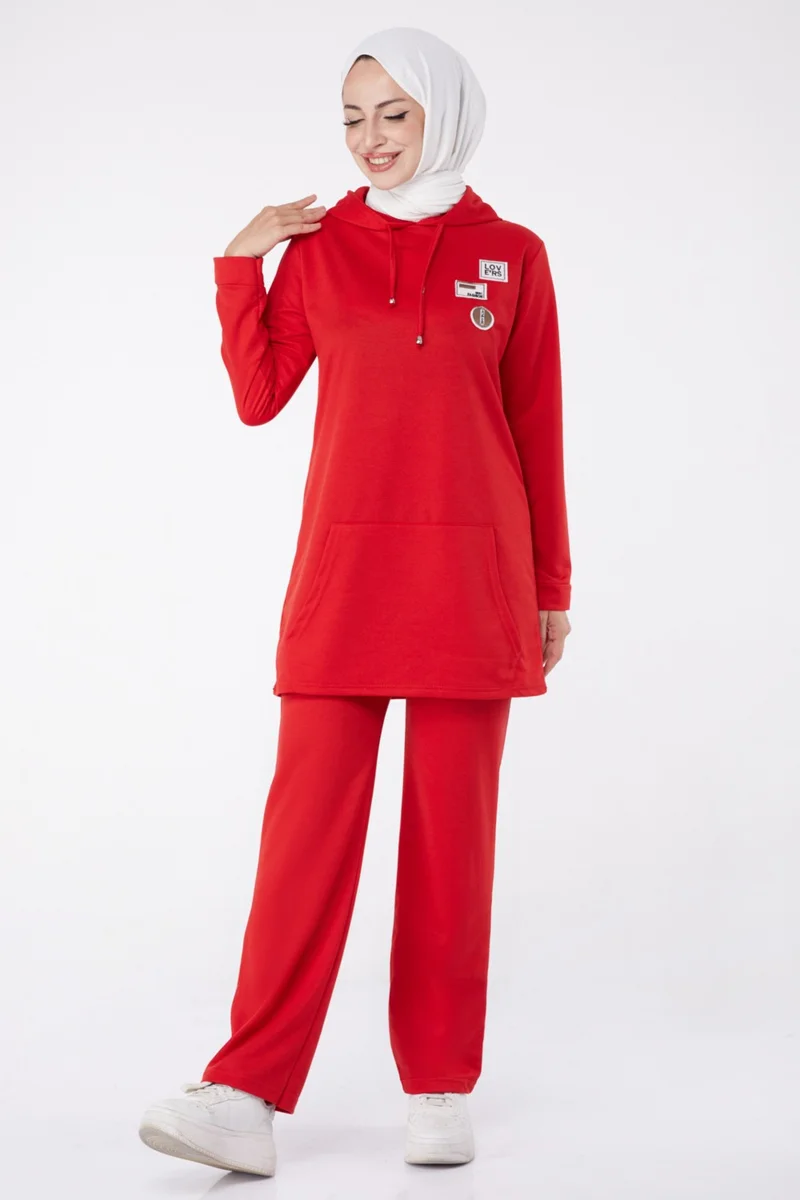 Tofisa Plain Hooded Collar Women's Red Emblem Two Piece Suit - 13276