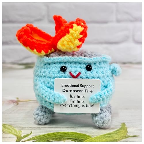Rovyfota Emotional Support Crochet Dumpster Fire with Positive Card Cute Room Decor Knitted Toys Funny Crochet Support Buddies Gifts for Friends (Blue) - Image 1