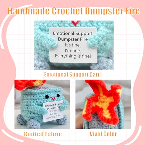 Rovyfota Emotional Support Crochet Dumpster Fire with Positive Card Cute Room Decor Knitted Toys Funny Crochet Support Buddies Gifts for Friends (Blue) - Image 2