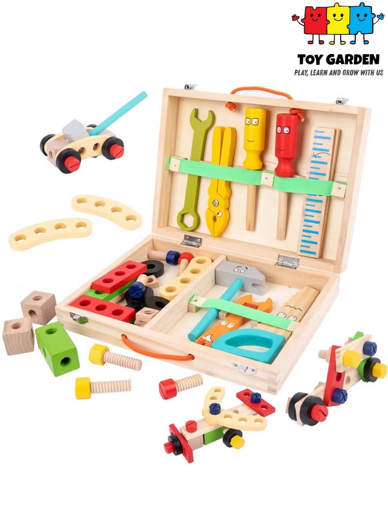 حديقة الألعاب مجموعة أدوات خشبية للأطفال صندوق أدوات خشبي مع 35 قطعة مجموعة أدوات خشبية للأطفال لعبة البناء التعليمية مجموعة ألعاب البناء الإبداعية فكرة هدية DIY للأطفال الصغار الأولاد والبنات - Image 1