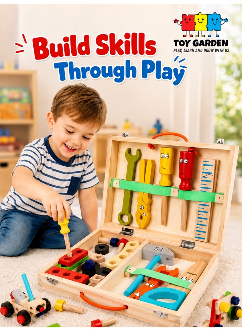 TOY GARDEN Wooden Tool kit for Kid Wooden Tool Box with 35pcs Wooden Tool Kit for Kids Educational Construction Toy Building Toy Set Creative DIY Gift Idea for Toddlers Boys and Girls - Image 1