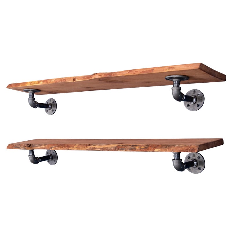 PIPE DECOR 36 Sunset Cedar Live Edge Wood Shelf with Industrial LShaped Pipe Brackets 2Pack