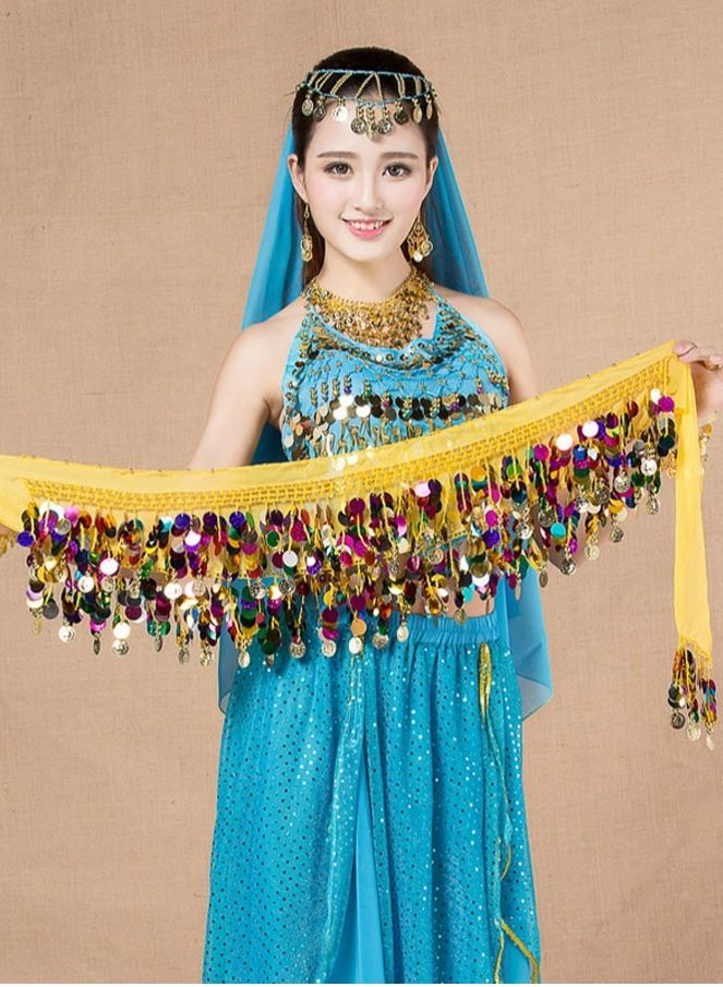 Loquat Colorful Sequin And Coins Pendant Waist Chain Skirt Sparkly Belly Dance Tassel Waist Wrap Belt Skirts Party Rave Costume Yellow Mix