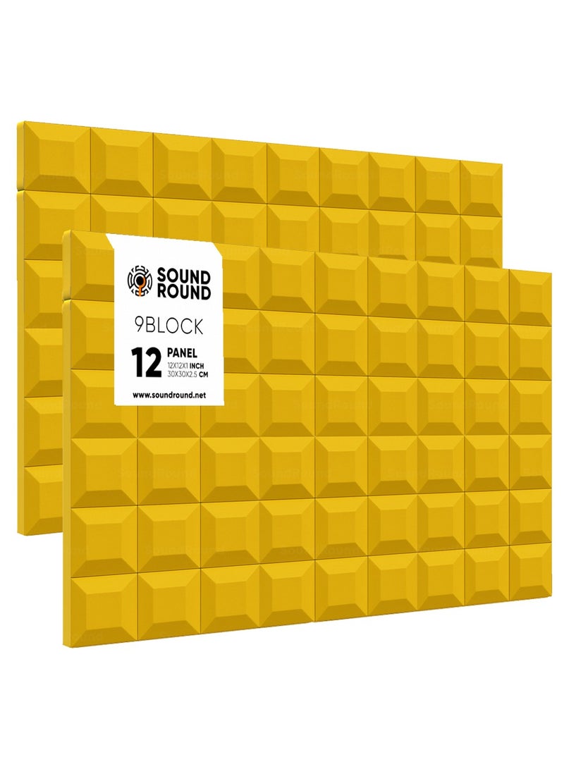 ساوند راوند ألواح الفوم الصوتي SoundRound مقاس 12×12×1 بوصة – عزل صوت احترافي بتصميم 9Block – للتحكم في الصدى ومعالجة السينما المنزلية – ألواح عالية الكثافة – 12 قطعة - لون اصفر - Image 1