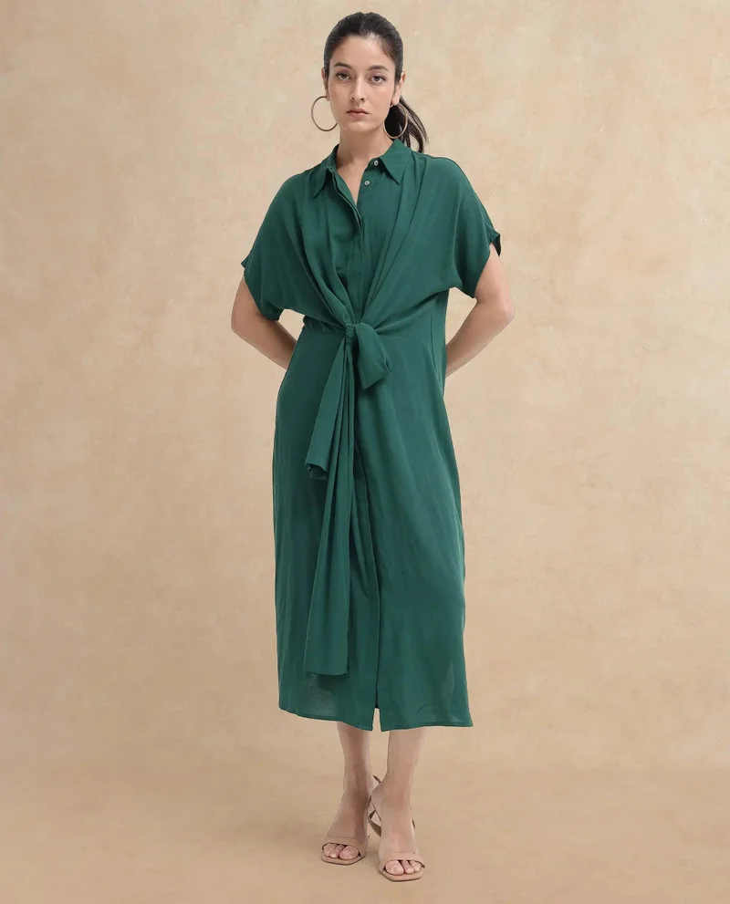 Rareism Women's Relaxed Fit Midi Dress With Extended Sleeves