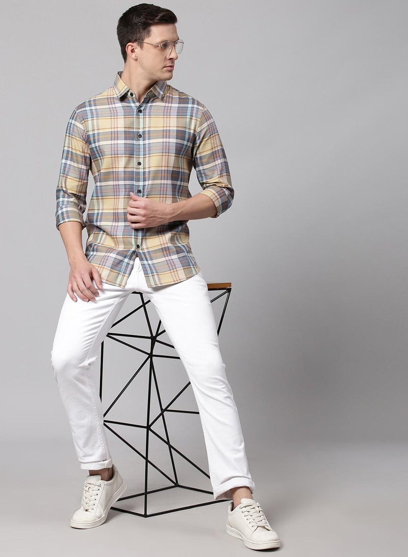 Dennis Lingo Slim Fit Orange Men's Checkered Shirt, Spread Collar, Full Sleeves, 100% Cotton, - Image 3