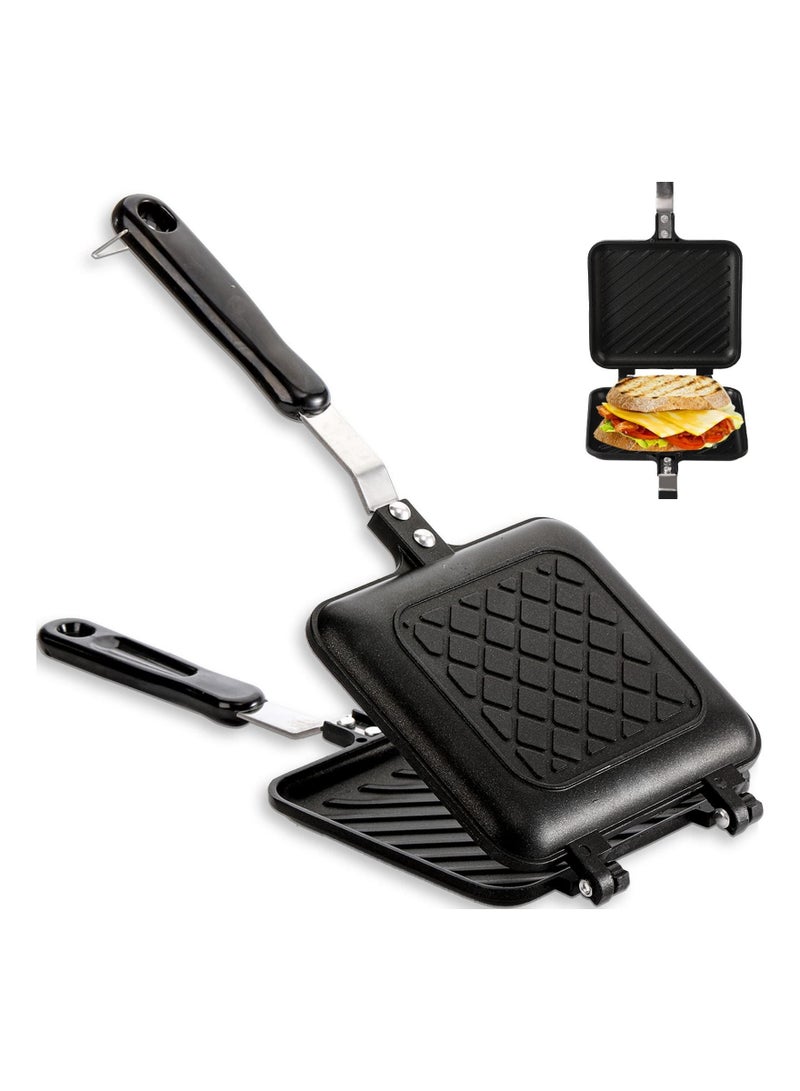 SYOSI Sandwich Maker, Non-stick Grilled Sandwich and Panini Maker Pan with Handle, Stovetop Toasted Sandwich Maker Aluminum Flip Pan for Home Kitchen - Image 1