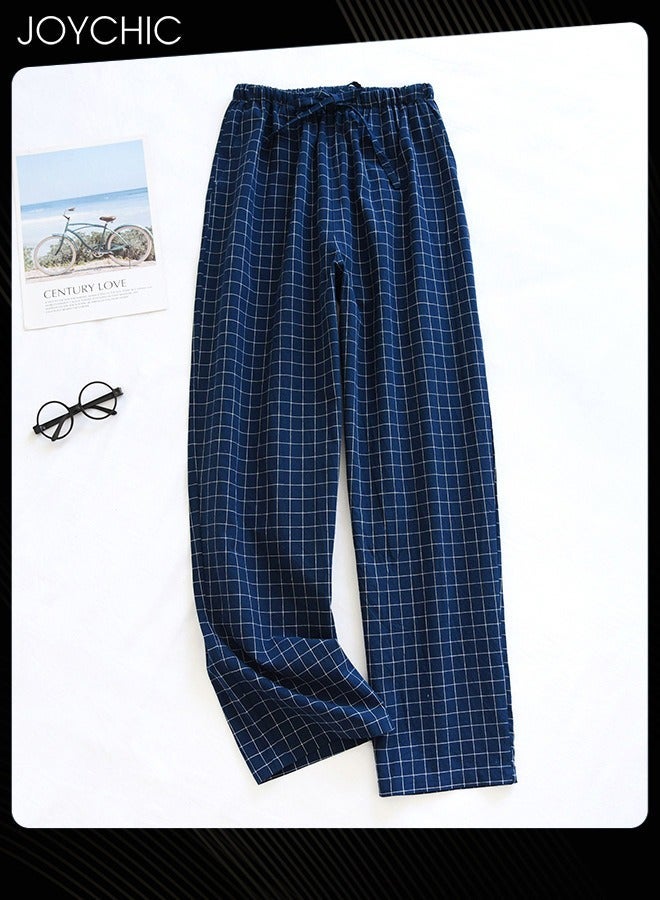 NIBEMINENT Washed Pure Cotton Men's Pajama Bottom Spring and Autumn Thin Japanese Style Plaid Pattern Home Pants Large Size Navy Blue  - Image 1