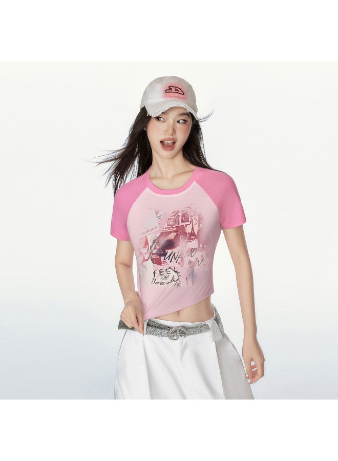 EPTISON Women's Short Sleeve T-shirt - Summer American Retro Deconstructed Style Graffiti Patchwork Print Crop Top - Image 3