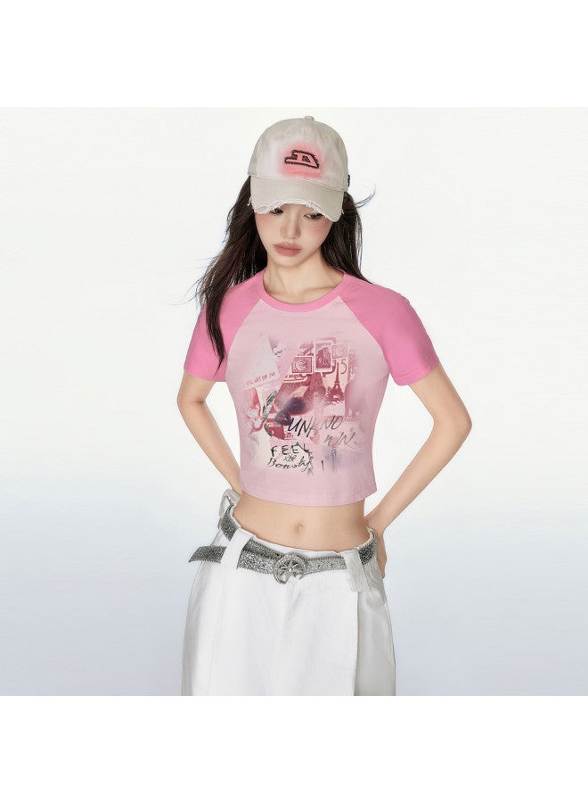 EPTISON Women's Short Sleeve T-shirt - Summer American Retro Deconstructed Style Graffiti Patchwork Print Crop Top - Image 5