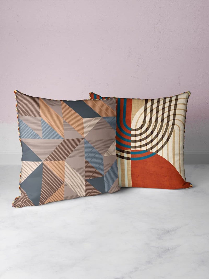 BIANCA Designer Reversible Printed Silk Linen Cushion Covers -2pc 16 X16 Set (Suzane) | with Contrast Front & Back Digital Print | Hidden Zipper Abstract-Geometric-Earthy/Beige - Image 1