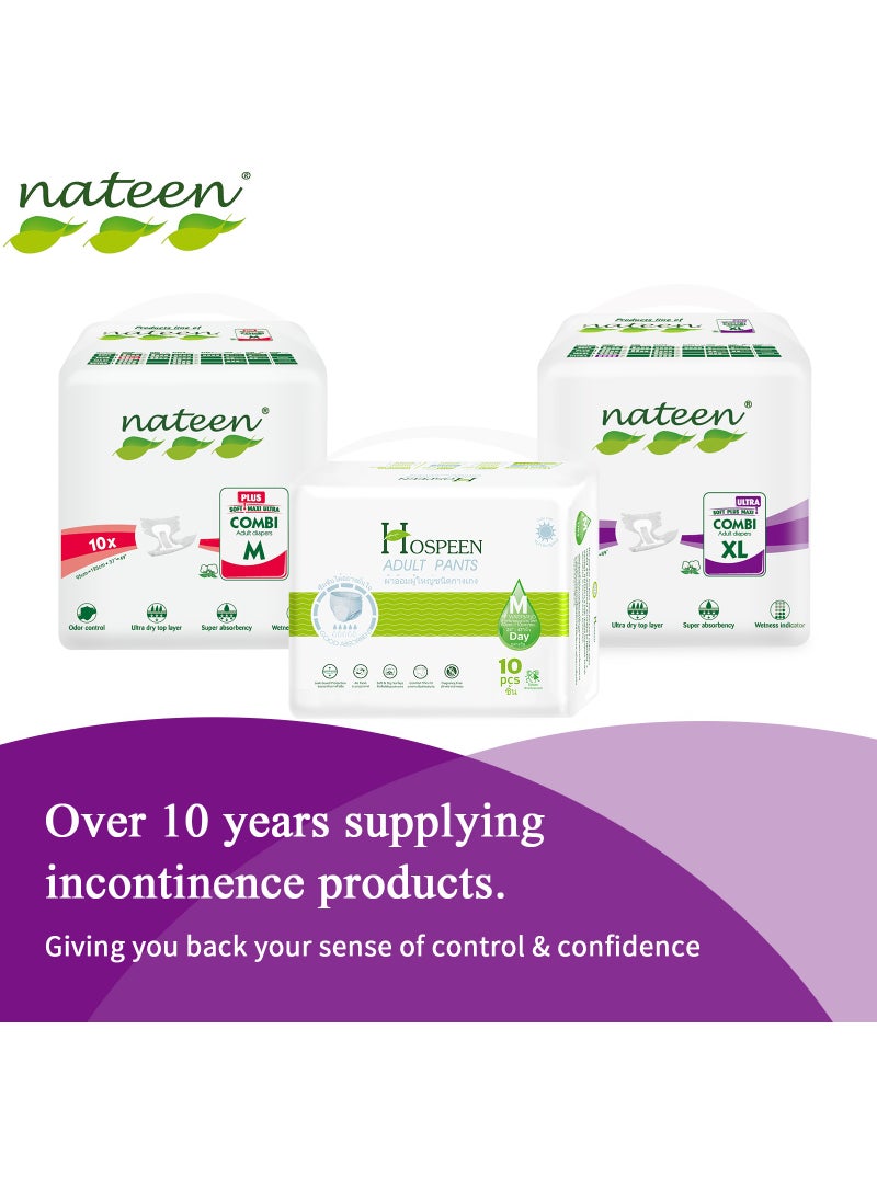 nateen - حفاضات ناتين سوبر ألترا للكبار من سلس البول، متوسطة، مقاس الخصر 95-125 سم، 10 قطع، سراويل داخلية ذات قدرة امتصاص قصوى، حماية من التسرب. - Image 1
