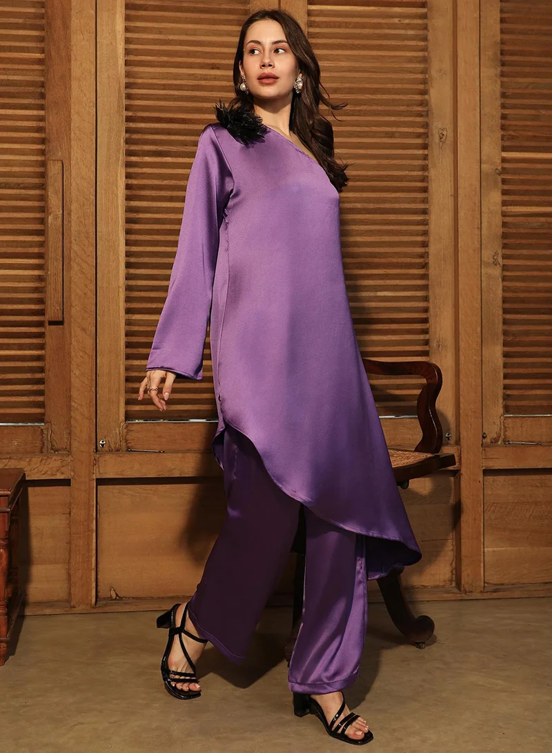  قصة Women's Amethyst Purple Asymmetrical Flora Co-Ord Set