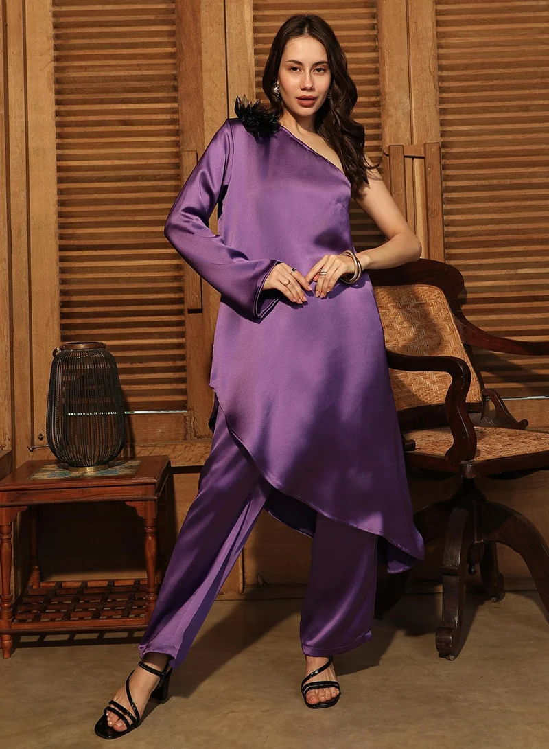  قصة Women's Amethyst Purple Asymmetrical Flora Co-Ord Set