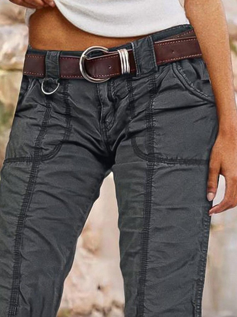Flamingals Straight Leg Pants for Women Mid Rise Casual Cargo Solid Patch Pockets Stitch Detail Pants Dark Gray M - Image 2