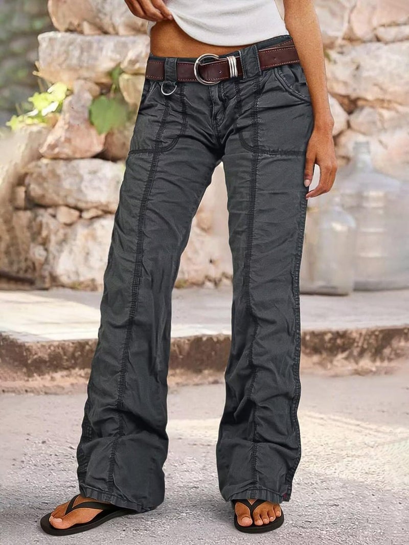 Flamingals Straight Leg Pants for Women Mid Rise Casual Cargo Solid Patch Pockets Stitch Detail Pants Dark Gray M - Image 3