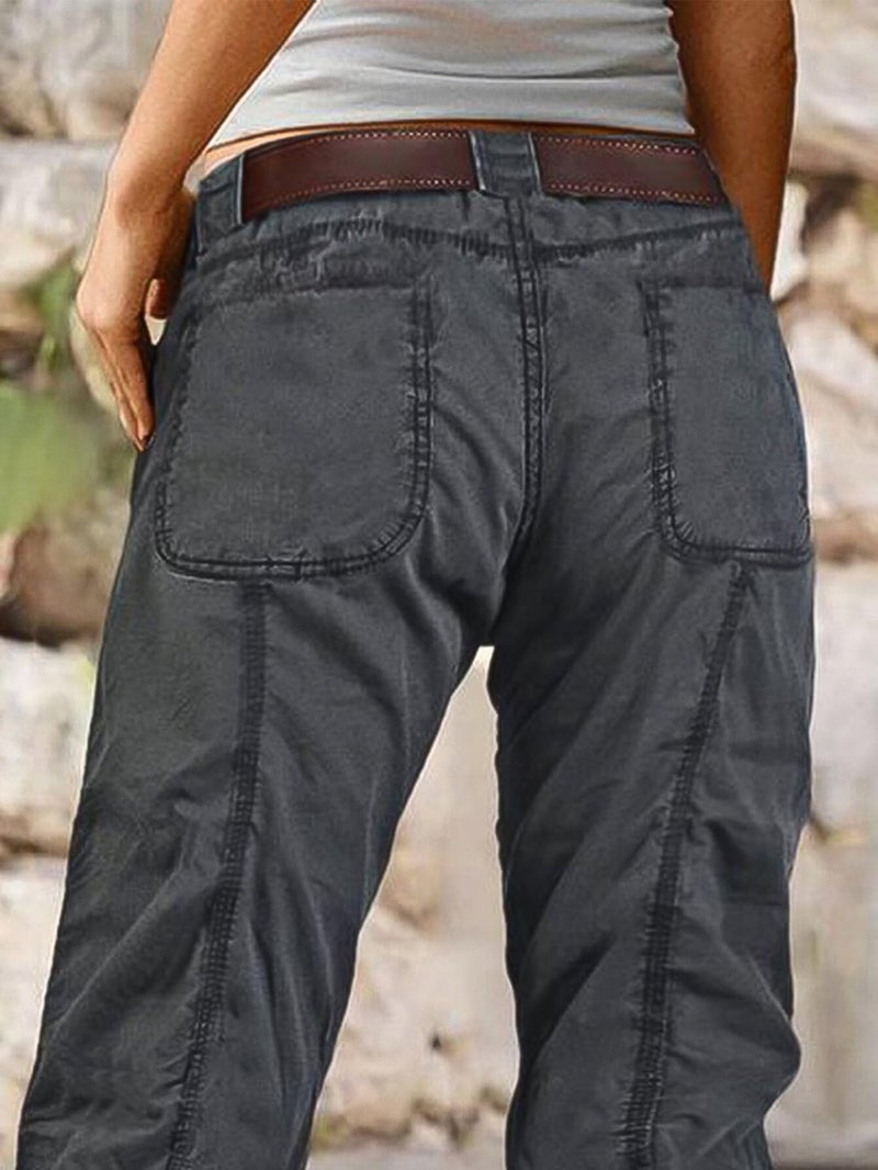 Flamingals Straight Leg Pants for Women Mid Rise Casual Cargo Solid Patch Pockets Stitch Detail Pants Dark Gray M - Image 4