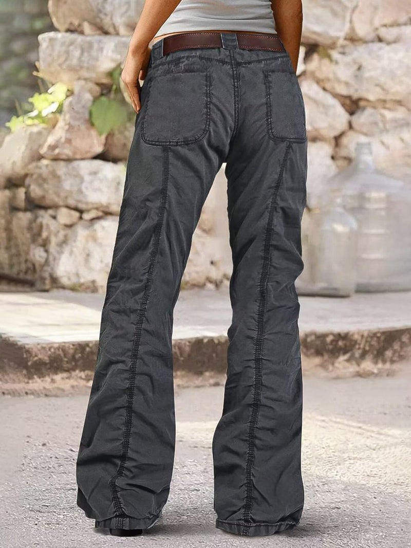 Flamingals Straight Leg Pants for Women Mid Rise Casual Cargo Solid Patch Pockets Stitch Detail Pants Dark Gray M - Image 5