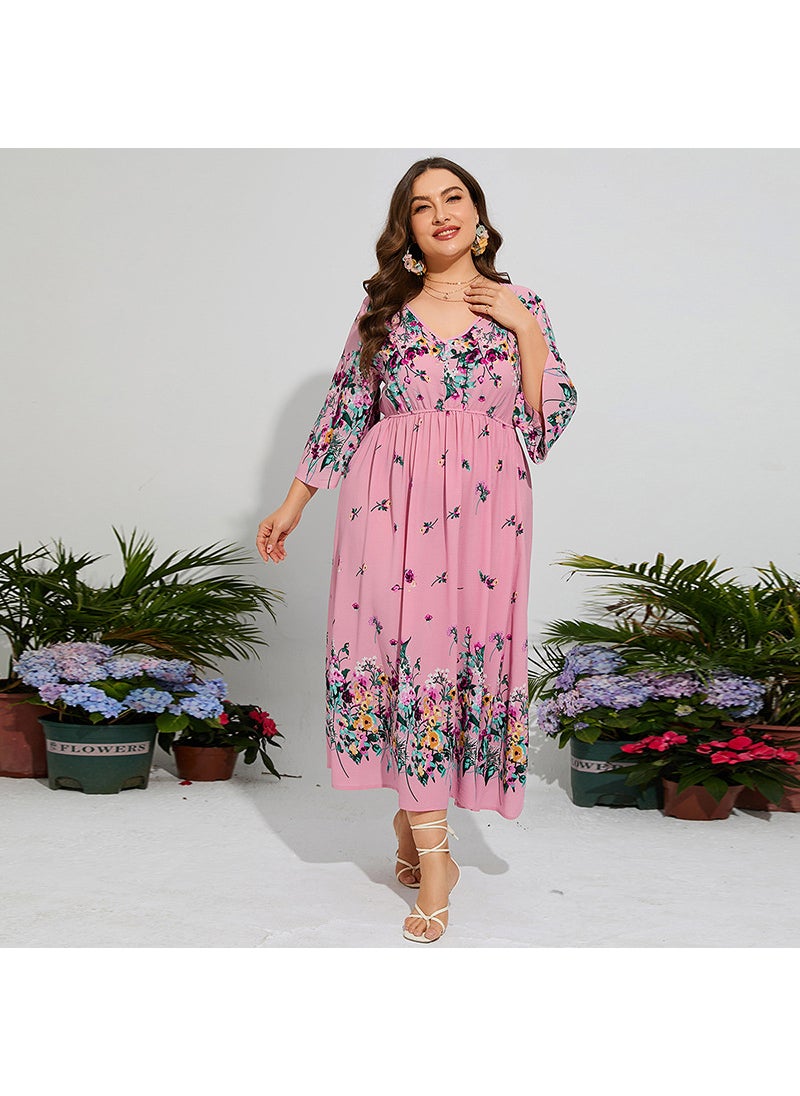 Generic Cross-border US Middle East Hot Sale Spring plus size dress Floral Chiffon Loop Waist Trumpet Sleeve Vacation Long Dress Powder 