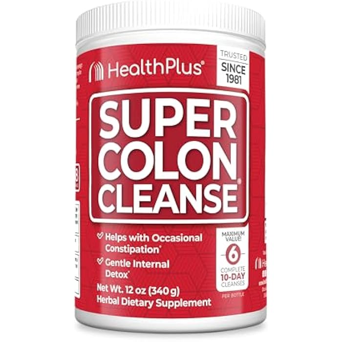 Health Plus هيلث بلس سوبر كولون كلينز، 12 أونصة مسحوق، 68 حصة - ديتوكس طبيعي، تخفيف الإمساك الهضمي، تنظيف لطيف للأمعاء مع قشور السيليوم وورق السنا - Image 1