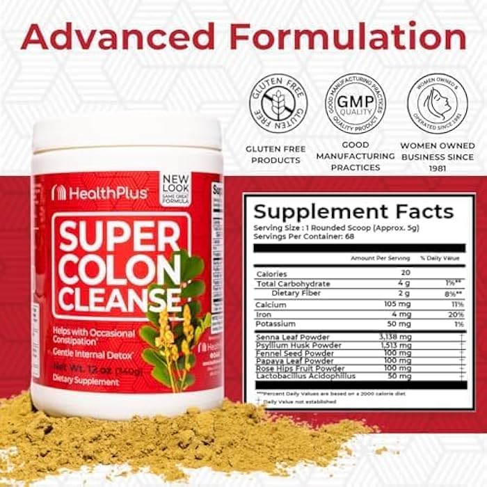 Health Plus هيلث بلس سوبر كولون كلينز، 12 أونصة مسحوق، 68 حصة - ديتوكس طبيعي، تخفيف الإمساك الهضمي، تنظيف لطيف للأمعاء مع قشور السيليوم وورق السنا - Image 2