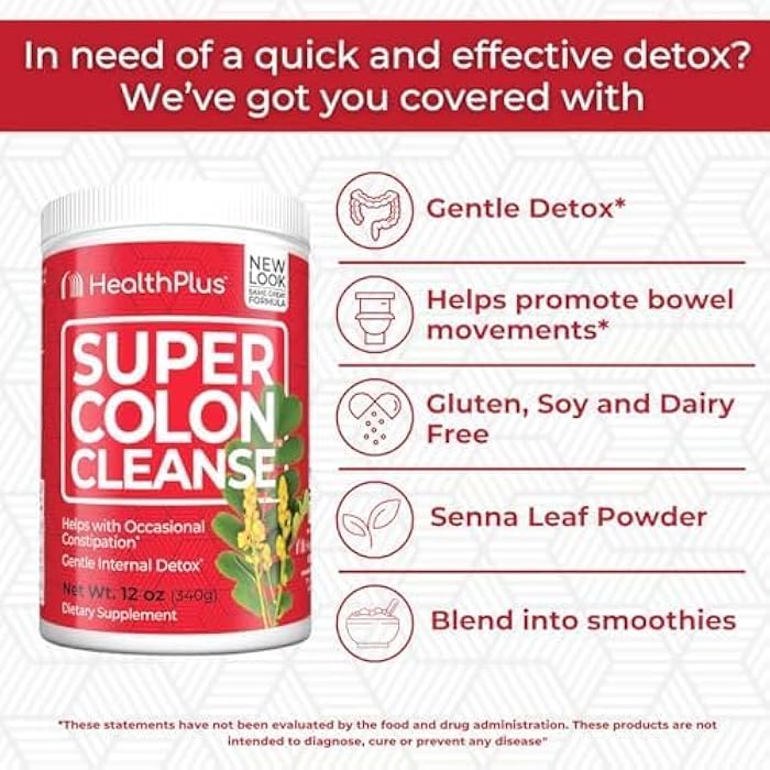 Health Plus هيلث بلس سوبر كولون كلينز، 12 أونصة مسحوق، 68 حصة - ديتوكس طبيعي، تخفيف الإمساك الهضمي، تنظيف لطيف للأمعاء مع قشور السيليوم وورق السنا - Image 4