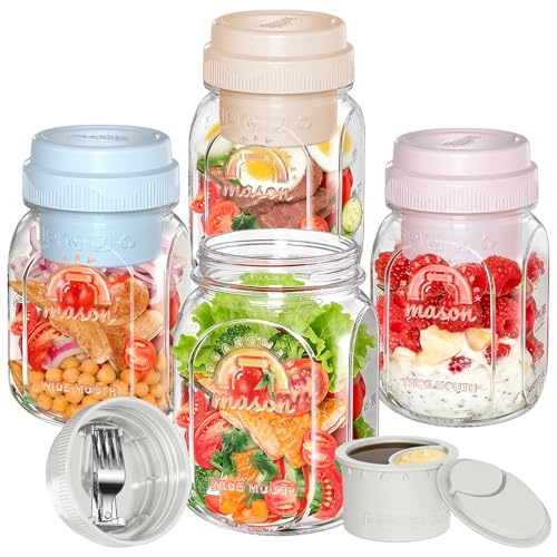 Syntic [UPGRADE] 4 Pack Glass Salad Container for Lunch, Salad Jars with Silicone Dressing Cup & Airtight Lid & Fork for Meal Prep, Wet/Dry Separation Divider for Salad Dressing and Dry Ingredients Mason Jar - Image 1