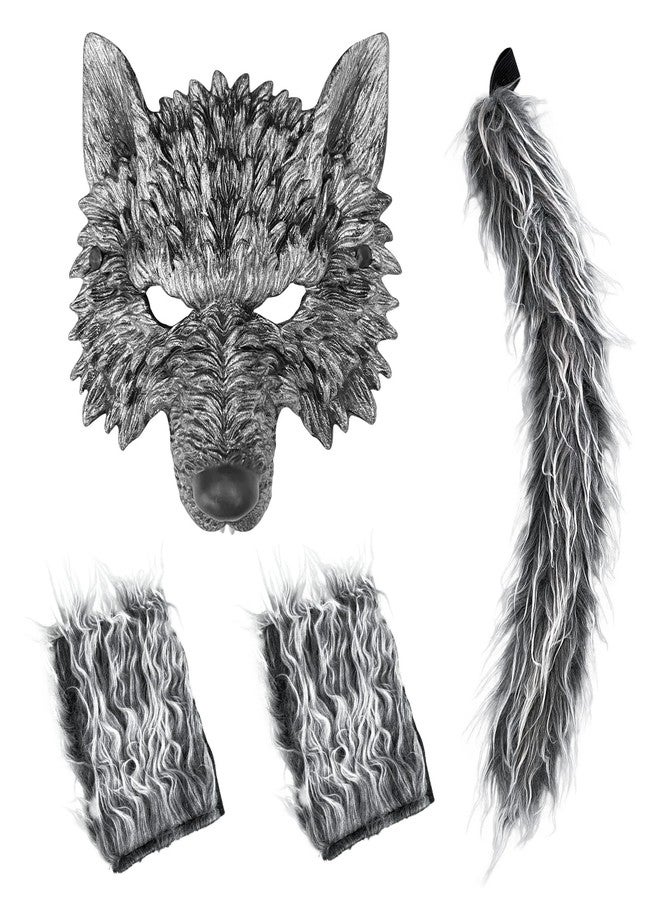 IncreDecor Wolf Mask with Wolf Tail and Gloves, Wolf Costume and Werewolf Mask for Mens Women Kids Halloween Party Dress Up, Cosplay (Grey) - Image 1