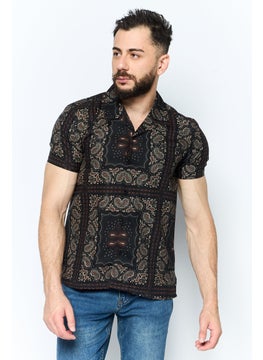 Men Regular Fit Allover Print Short Sleeves Casual Shirt, Black Combo