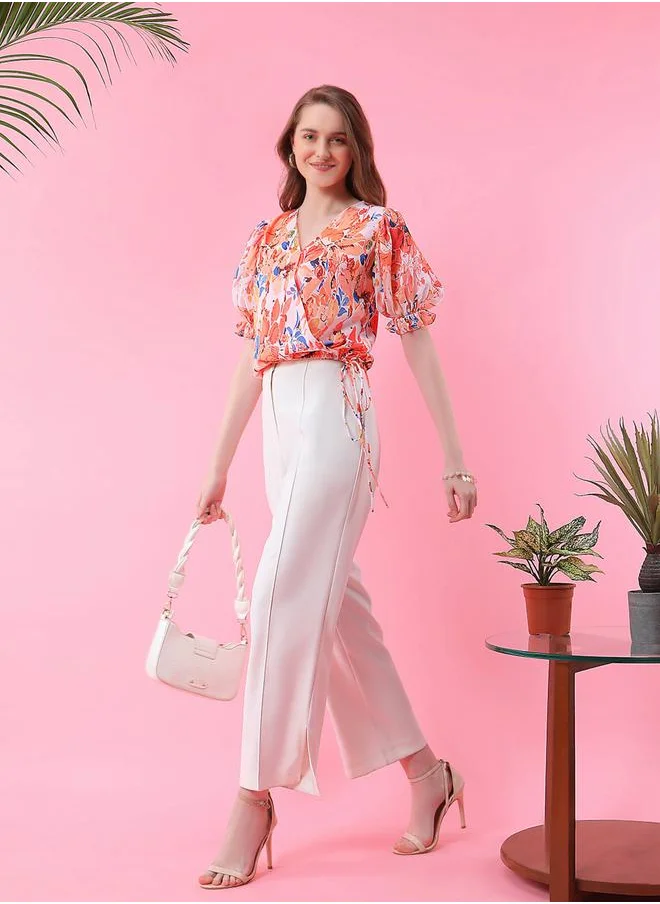 ميش Floral Print Wrap Front Top with Tie Detail by Styli