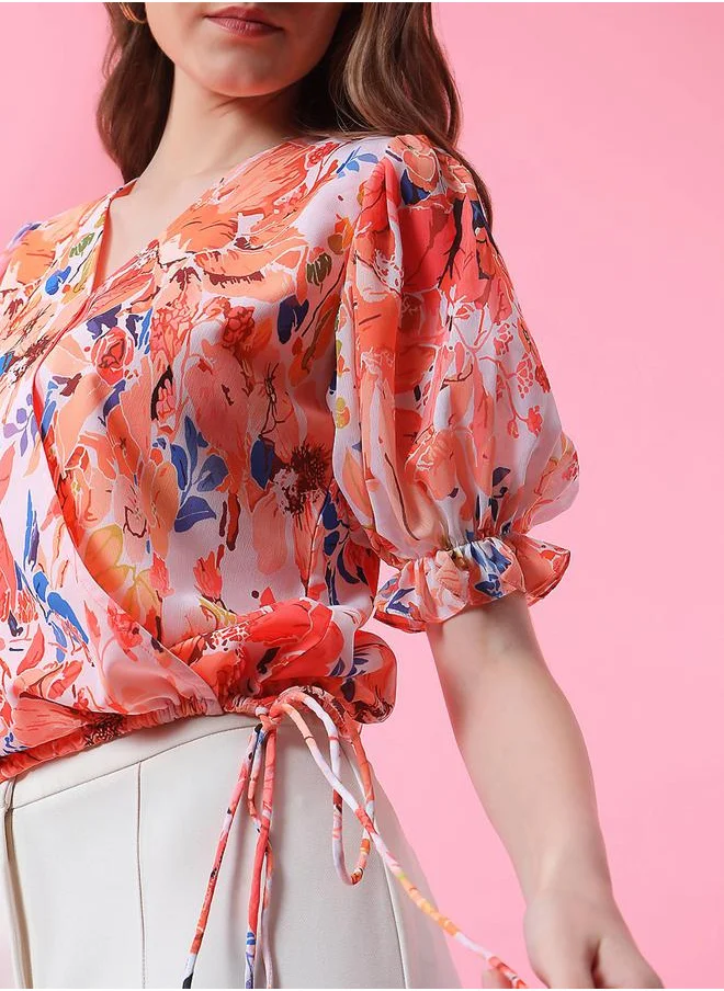 ميش Floral Print Wrap Front Top with Tie Detail by Styli