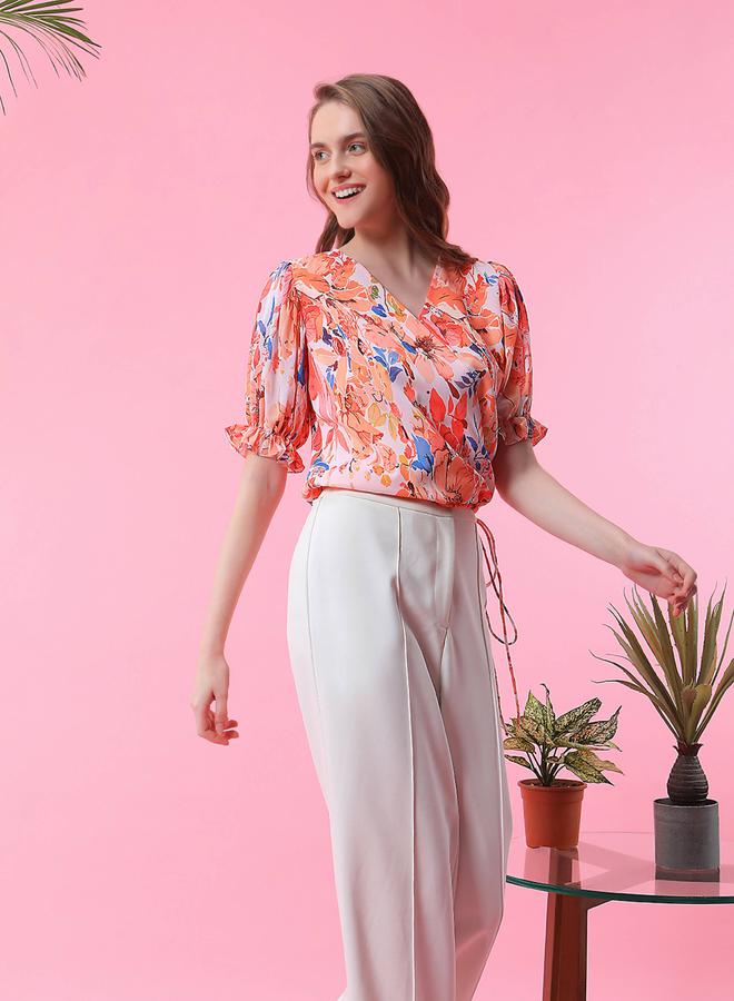 ميش بلوزة مِش بطبعة زهور بياقة ملفوفة وتفاصيل رباط - Image 1